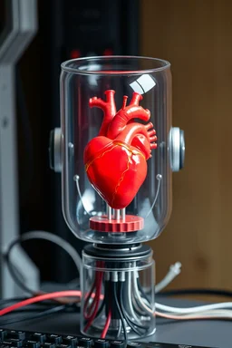 Photo of real heart on robot face inside A glass cylinder connected with wires to main computer