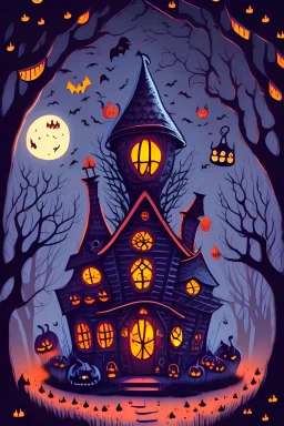 :: Illustrate a charming and whimsical haunted house scene with cute witch, quirky pumpkins, and scary owl, all surrounded by a moonlit sky