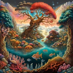 A sky colored with stars Imaginary landscape trees. . And he sells. Meh. lake.Underwater ornamental coral perfect anatomy, fantasy, vibrant digital art professional award winning masterpiece, oil on canvas Atmospheric extremely detailed Josephine Wall