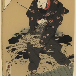 Knive in Skull in water smoking by Hokusai