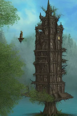 Fantasy Gothic Tower, With A Side Building, On An Island, In A Lake, In Woodland With A Flying Boat Overhead