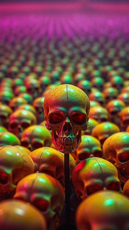 a field of 1000s of psychedelic psilocybin induced anatomically correct, skulls, vivid RANDOM BRIGHT neon colors, dark comedy, well lit, high detail, photorealistic, horrorcore, fun, scary, none featured, each a different color or hue,