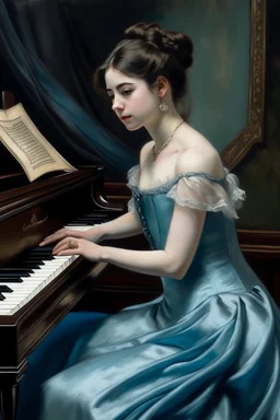 Portrait of dark haired young woman wearing a pale blue silk dress playing a glossy black piano in the style of renoir