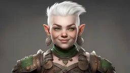 Female mountain dwarf. Her short white hair is styled into a mohawk with intricate patterns shaved into the sides. She has fair skin with many freckles dotted across her cheeks and arms. The image she portrays is very typical of a dwarf - short and muscular with square features - however she always has a mischievous smile upon her face, accentuated by her vibrant green eyes.