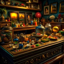 Diorama of old table with old stuff, sharp focus, 8k, 3d, very detailed, volumetric light, fine art, very colorful, ornate, 35mm, F/2.8, insanely detailed and intricate, hypermaximalist, super detailed, decadent