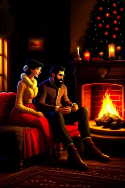 Fire place Christmas scene, dark haired couple, man with short black beard, blue eyes, cozy