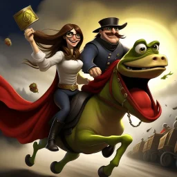 l /imagine photo-realistic Pepe riding a galloping stallion, holding an overflowing bag of bitcoins, being chased by a female hamburglar