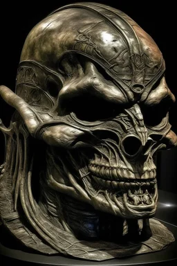 sculpture of dark side of a he man with iron mask . Scary face , decayed and rotting with grotesque proportions and imagery. abstract grotesqueries, detailed texture, surreal horror, biomechanical design, by hr giger and beksinski