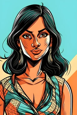 an indian young woman passionate for fashion line whose hair is bob black styled and wear modern dresses.give me a comic style image and give me with different emotions