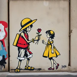 in the style of Banksy, a rough graffiti image of Straw Man Luffy giving a rose to a small little girl in a sun dress on a city wall, gritty, street graffiti