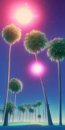 1980's aesthetic vaporwave palm trees with spheres ufo