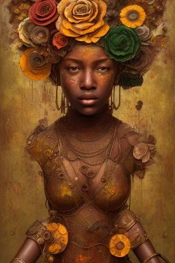 an abstract painting of rusted metal and flowers, african portrait, rust, scaffolding, iron cladding, decay, mixed media, textured, anatomically correct, beautiful perfect face, sharp focus, highly detailed