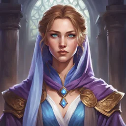 dungeons & dragons; digital art; portrait; female; cleric; blue eyes; light brown hair; young woman; flowing loose robes; cloak; long veil; single braid; soft clothes; blue and purple clothes; mystra; cleric of mystra; prayer; why