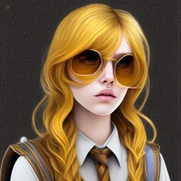 Girl with long wavy brown blond hair, yellow hawk eyes. Wears Hogwarts Hufflepuff uniform, sunglasses with a yellow clip.