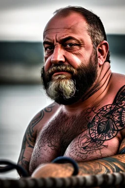 close up photography of an ugly burly chubby turkish fisherman relaxing sunbathing sitted in a small fischer wooden boat , tattoo, ugly, 34 years old, long beard, bullneck, muscular, angry eyes, photorealistic, 35mm lens, Canon EOS, 8k