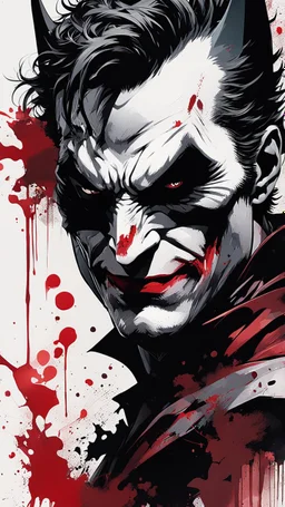 poster in two gradually, a one side half face Batman dark tones and other side half face Joker darkred tones, painting by Yoji Shinkawa,