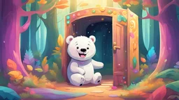 A white bear smiling in a forest full of colors with a magic door and a strange box. The picture contains beautiful colors style cartoon