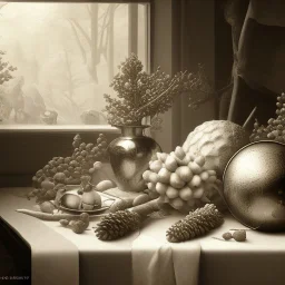 a still life composition like Pieter Claesz. - Graphite drawing, realistic, forest, pinetree, pinecones