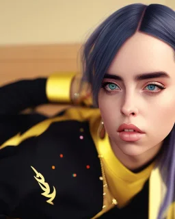 Billie Eilish, sitting on a chair, Black Short Dress, high detail, realistic