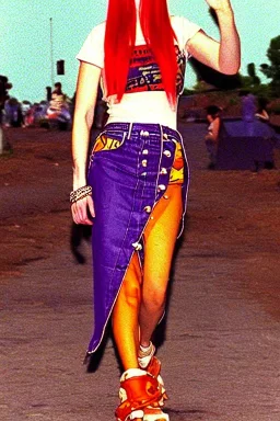 year 1996 denim fashion. Loose skirt, low waist. Combat t-shirt. Colors: denim blue, blue, purple, cream, khaki, light green, lilac, plum, orange, terracotta, red, light yellow, pink, dark blue, beige. Latex in small part. Something between camouflage and cheetah prints.. Gwen Stephani, Shirley Manson.