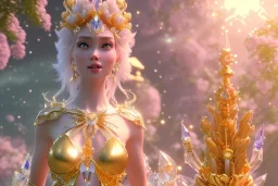 very beautiful crystal and gold goddess in a galactic ambiance, nice smiling, transparent petals, delicate colors, full of details, smooth, bright sunshine，soft light atmosphere, light effect，vaporwave colorful, concept art, smooth, extremely sharp detail, finely tuned detail, ultra high definition, 8 k, unreal engine 5, ultra sharp focus