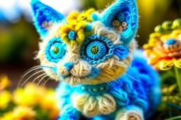 closeup, sharp focus, cute faced happy bioluminescent mohair fantasy steampunk animal cat creature, needle felt, big shiny blue eyes S<AI in sunshine, flower pattern background