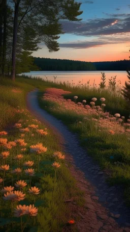 forest trail, trail of flowers, dusk by a lake.