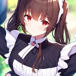 Clear focus, High resolution, Rough line, cute, anime style, red eyes, sparkling eyes, brown hair, red eyes, wearing a maid outfit, long twin tails, long bangs,choppy long bangs, extreme close up