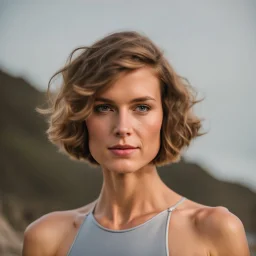 beautiful woman, standing frontal, short silver triathlon swimsuit, wavy bob haircut, photographed in front of beach, raw