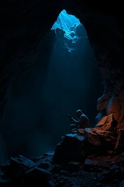 create an image of dark blue lit slightly confined cave and a man sitting in the rock cleaning his gun inspired by the doom games