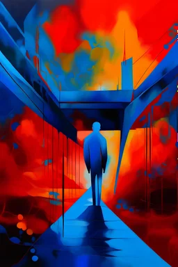 Bridge, with a blue abstract background, a bright blue man standing in the middle of the background, in the style of dark red and light orange, conceptual album art, celestial, soft and dreamy depictions, emancicore, mind-bending murals, light crimson and gold, rough painting