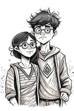 Handdrawn, harry potter style, girl and boy in love