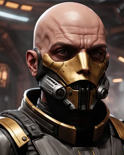 star wars bald male corellian pilot wearing pearlescent black and gunmetal grey First Order special forces heavy assault stealth commando armor and helmet with gold trim inside the jedi temple, hyperdetailed, dynamic lighting, hyperdetailed background, 8k resolution, volumetric lighting, light skin, fully symmetric details