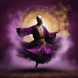 Hyper Realistic Sufi Whirling with Black, Purple & Golden Islamic Sufi Rustic Grungy Maroon Background with fog around at night