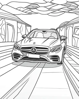 front Outline art, no shading, full Mercedes on the road, cartoon style, thick lines, low details, --ar 9:11