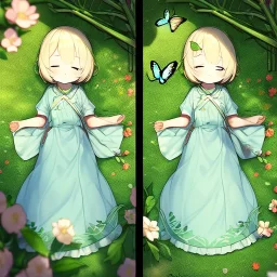 tiny anime girl sleeping in the distance, laying down in a field of flowers, underneath a willow tree, with a butterfly on her nose, hand detail looks human.zoom out. zoom out