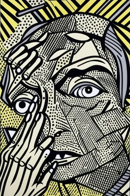 tribal man in grief with hands on face crazy shapes pencil draw style of roy lichtenstein