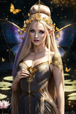 Violet hair, bronze, gold blonde hair , dark gold ,goldy,gold, Fairy wings,long hair,water lilies,dark fairy princess,nymph,elven crown,dragonflies,tiara,,gothic,glitter,rapunzel hair, very long hair, sparkle,night,fireflies,butterflies,orchids,dark gold,