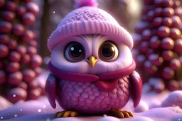 Cute lilac Santa smiley in a red jacket in the snow and Christmas tree, a cute cute little bug-eyed megafowl kawaii. high resolution, 64k, detail rendering, high quality, fantasy, soft warm lighting, fluffy eyelashes, macro photography, 3D rendering, hyperrealism, hyperesthetic, sharpen, CGI