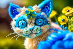 closeup, sharp focus, cute faced happy bioluminescent mohair fantasy steampunk animal cat creature, needle felt, big shiny blue eyes S<AI in sunshine, flower pattern background