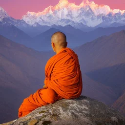 indian monk in himalaya at sunset