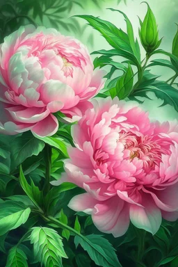 Watercolor pink peony bush, many leaves, ultra-detailed plant, summer, sun, evening, rain, beautiful landscape, fog, many details, subtle sensuality, realism, high quality, 3d, work of art, hyperdetalization, professionally, filigree, misty haze, hyperrealism, professionally, transparency, delicate pastel tones, backlight. The contrast is fantastic, unreal, translucent, luminous, clear lines