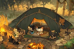 Against a dark cracked holographic marble background, a cute chibi plushy fluffy knitted and embroidered cat, tent, campfire, pond, mist and fog in sunshine, drawn in orange glowing neon lines. The cracks in the background are golden. Ethereal, cinematic postprocessing.