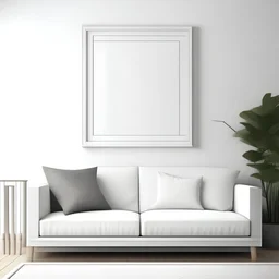 a photorealistic photo of a one square frame on a calm white home decoration beside sofa