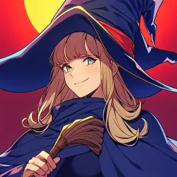 retro anime style, witch, witch hat, witch robe, expression smiling, portrait
