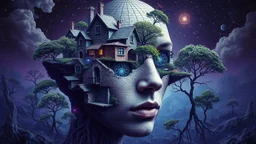 A hyper-detailed, surreal photographic composition blending impossible geometries with organic elements. At the center, a fragmented human face emerges from a village landscape, its features dissolving into: Architectural absurdity: Floating cottages with lace-like brickwork Celestial interference: Constellation patterns etched into skin pores Natural surrealism: Trees growing through eyeballs, roots forming mathematical fractals The scene glows with an eerie luminescence (deep indigo to violet
