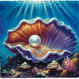 fantasy 90's tcg art of pearlescent giant clam with pearl