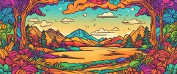 Utopic landscape banner, hippie colors, precise drawing,