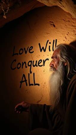 A hand writing On cave wall written “Love Will Conquer All” an old man with beard and long hair died by the cave wall , a dim lighting great quality picture with primitive style