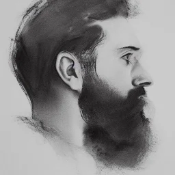 moody charcoal side profile portrait of a bearded man, smudged charcoal, side on profile, charcoal portrait, artistic black and white profile portrait, delicate, highly detailed, chiaroscuro, beautiful composition, delicate arrangement, aesthetic, soft lighting, tender